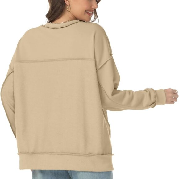 Khaki oversized women's 2024 sweatshirt with V-neck, Henley, tunic, long sleeves - Picture 3 of 6